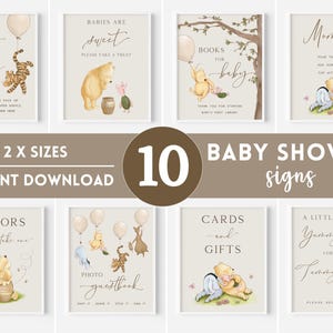Classic Winnie the Pooh Baby Shower Decorations. Balloon Decor Sign Template Bundle. Boy Vintage Pooh Bear. Photo Guestbook Diaper Raffle N1