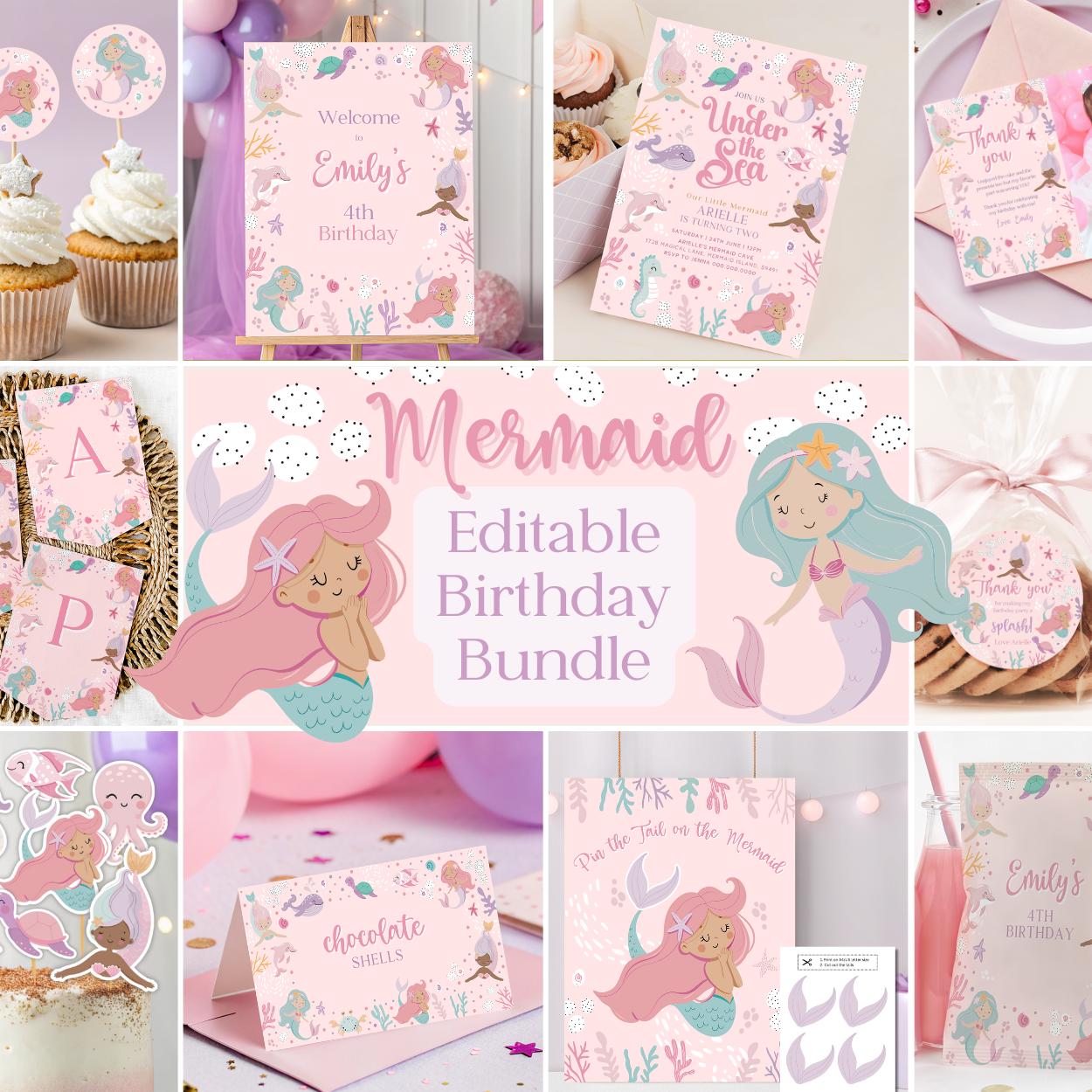 Mermaid Birthday Party Bundle. Pink Under the Sea Decorations Package. Printable Games, Editable Invites, Custom Favor Tags, Welcome Sign Z1