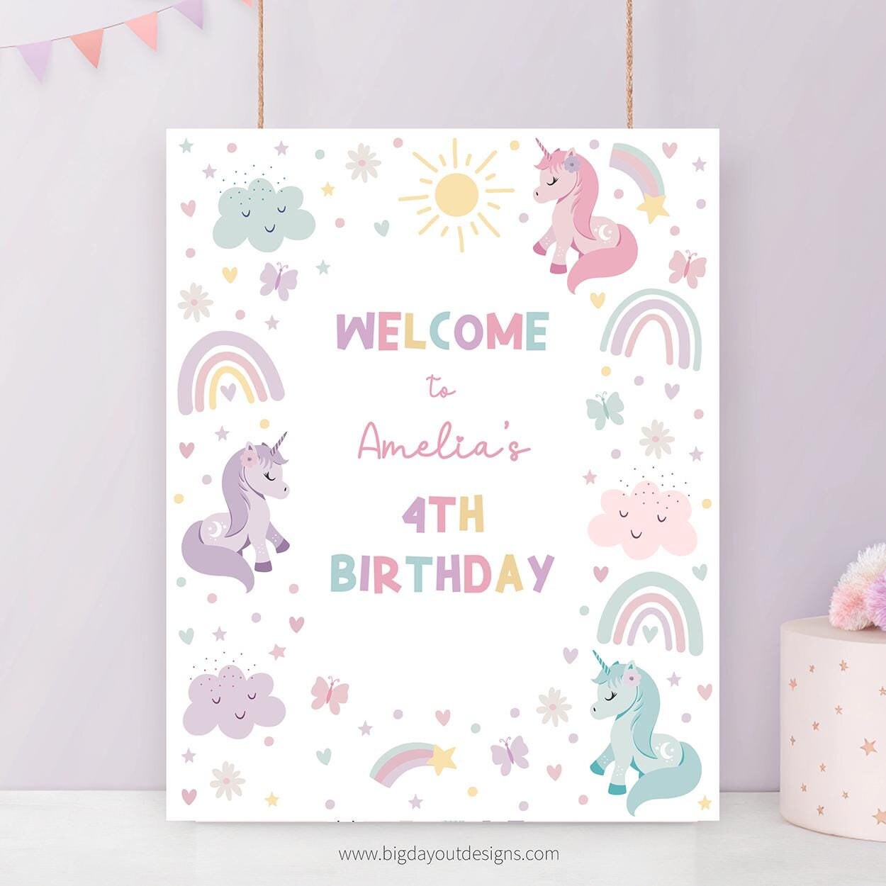 Unicorn Birthday Welcome Sign. Pastel Rainbow Design. Printable Party Sign. Girl Magical Celebration. Editable Template. Instant Download Z4