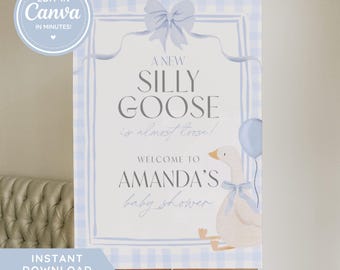 Letrero de bienvenida para baby shower de ganso tonto, azul, plantilla editable de Canva, decoración para baby shower de niño con ganso a cuadros, letrero imprimible, descarga instantánea O3