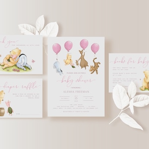 Editable Winnie the Pooh Baby Shower Invitations. Vintage Winnie Invitation Girl Bundle. Pooh Bear Party. Invitation Suite Pink Balloons. G1