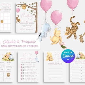 Pooh Girl Baby Shower Games Bundle. Editable Winnie the Pooh Fun Game Package. Modern Boho Game Set. Custom Pink Instant Digital Template G1