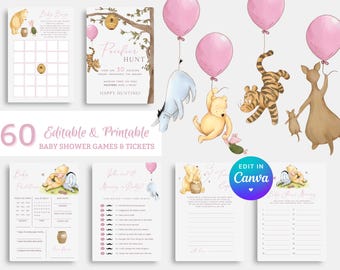 Pooh Girl Baby Shower Games Bundle. Editable Winnie the Pooh Fun Game Package. Modern Boho Game Set. Custom Pink Instant Digital Template G1