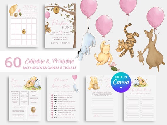 Pooh Girl Baby Shower Games Bundle. Editable Winnie the Pooh Fun Game Package. Modern Boho Game Set. Custom Pink Instant Digital Template G1