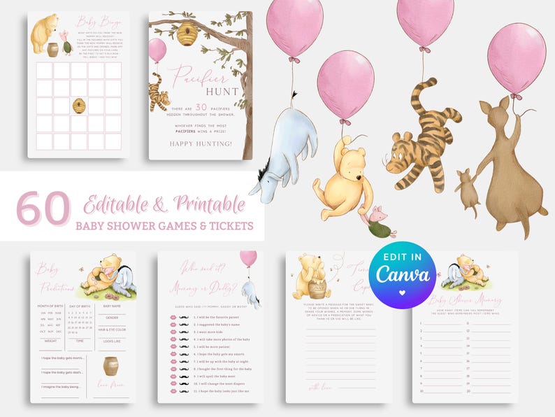 Pooh Girl Baby Shower Games Bundle. Editable Winnie the Pooh Fun Game Package. Modern Boho Game Set. Custom Pink Instant Digital Template