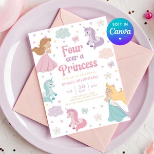 Four Ever Princess Invite. Forever a Princess & Unicorn 4th Birthday Invitation Printable Girl Pink Fourth Party Theme. Canva Download