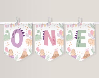 Dinosaur One High Chair Banner. Cute Pastel Baby Dino Garland. Girls 1st Birthday Bunting Banner. Digital Editable Party Supplies Canva D3