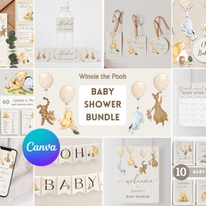 Winnie the Pooh Baby Shower Bundle. Edit Vintage Pooh Bear Party Decorations. Printable Custom Baby Shower Signs, Games, Invites, Decor. N1