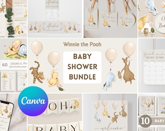 Winnie the Pooh Baby Shower Bundle. Edit Vintage Pooh Bear Party Decorations. Printable Custom Baby Shower Signs, Games, Invites, Decor. N1