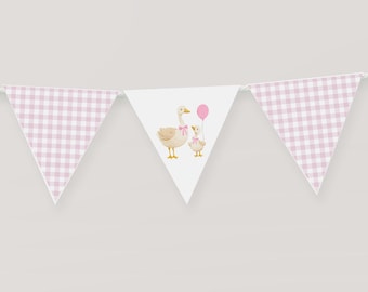 Goose Baby Shower Garland. Printable Mother Goose Bunting Banner. One Silly Goose Girl 1st Birthday Party Decor Rustic Pink Gingham Geese G6