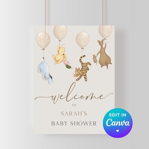 Winnie the Pooh Baby Shower Welcome Sign. Welcome Signage. Classic Pooh Bear Instant Template. Vintage Watercolor Animals. Gender Neutral