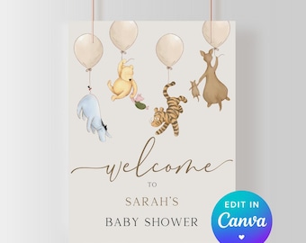 Winnie the Pooh Baby Shower Welcome Sign. Welcome Signage. Classic Pooh Bear Instant Template. Vintage Watercolor Animals. Gender Neutral N1