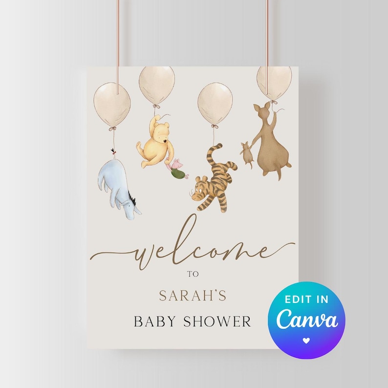 Winnie the Pooh Baby Shower Welcome Sign. Welcome Signage. Classic Pooh Bear Instant Template. Vintage Watercolor Animals. Gender Neutral