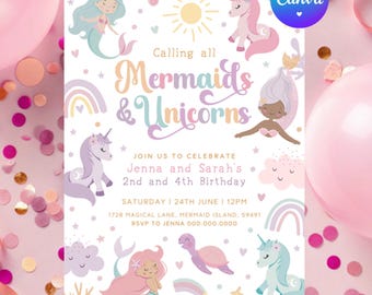 Mermaid Unicorn Party Invitation - Instant Download - Cute Girl Pink & Purple Birthday Invite - Magical Celebration - Sibling Joint Party Z3