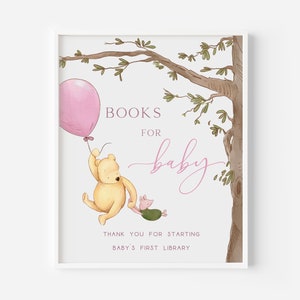 Winnie the Pooh Baby Shower Signs. Books for Baby Sign. Classic Pooh Bear Decorations. Baby Girl Theme. Piglet & Pooh on Pink Balloon. G1