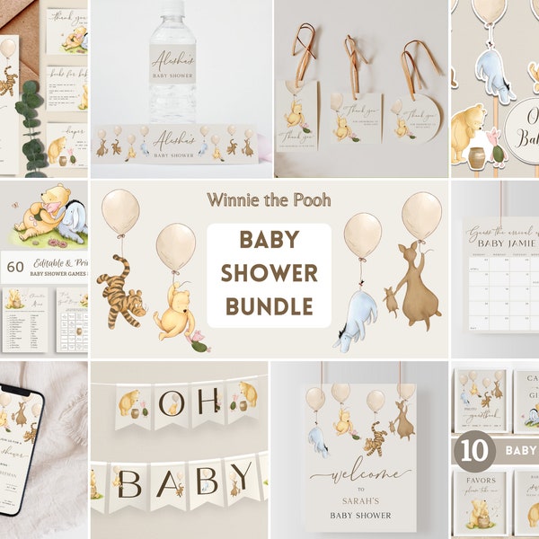 Winnie the Pooh Baby Shower Bundle. Edit Vintage Pooh Bear Party Decorations. Printable Custom Baby Shower Signs, Games, Invites, Decor. N1