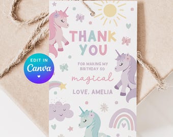 Etiquetas para recuerdos de fiesta de cumpleaños de unicornio. Etiqueta de regalo imprimible. Artículos de decoración de cumpleaños con temática de arcoíris mágico. Nota de agradecimiento personalizada Z4