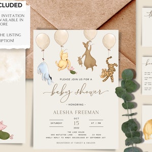 Op de afbeelding: Een Winnie de Poeh-thema baby shower uitnodiging met een aquarel illustratie van Winnie de Poeh, Biggetje, Eeyore, Tigger en Kanga. De uitnodiging bevat de tekst "Kom gezellig langs voor een baby shower", "Alesha Freeman", "Zaterdag 15 oktober 2022 om 13:00 uur", "The Lake House, 93 Mistletoe Lane, Redoing, CA 9024", "Graag reageren voor 20 september 2022 naar Mindy 0000000000", en "Geregistreerd bij Target & Amazon".