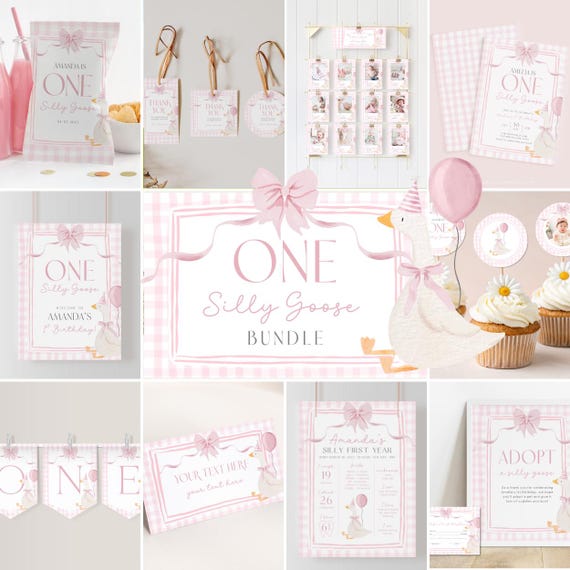 One Silly Goose Birthday Bundle Editable Pink Bow Goose Party Set Girls Coquette Gingham Decor Printable 1 Year Old Birthday Baby Package G7