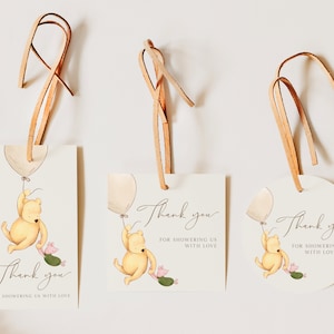 Classic Winnie the Pooh Baby Shower Decorations. Pooh Bear Thank you Gift Tags. Digital Download Editable Favor Templates. Gender Neutral N1