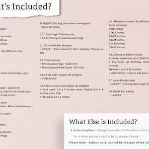 May include: A printable Winnie the Pooh 1st birthday party package with a list of included items, such as invitations, signs, banners, cake toppers, and more. The list includes sizes and dimensions in inches.