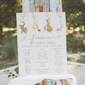 May include: A white poster with a Winnie the Pooh theme for a baby's first birthday. The poster has a title that says "Jordan My First Year" and includes details about the baby's first year, such as weight, height, and milestones. The poster is decorated with illustrations of Winnie the Pooh characters, including Tigger, Eeyore, and Piglet.