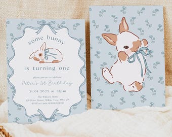 Blue Coquette Birthday Invitation. Some Bunny is One Digital Invitation. Vintage Theme Invite Editable Cute Rabbit With Blue Bow Template R5