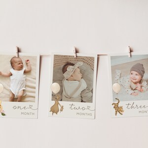 K&ouml;nnte beinhalten: Drei Fotos eines Babys im Alter von einem, zwei und drei Monaten. Jedes Foto ist mit einer W&auml;scheklammer an einer Schnur aufgeh&auml;ngt. Jedes Foto hat einen Ballon und ein Comic-Tier mit der Anzahl der Monate darunter.