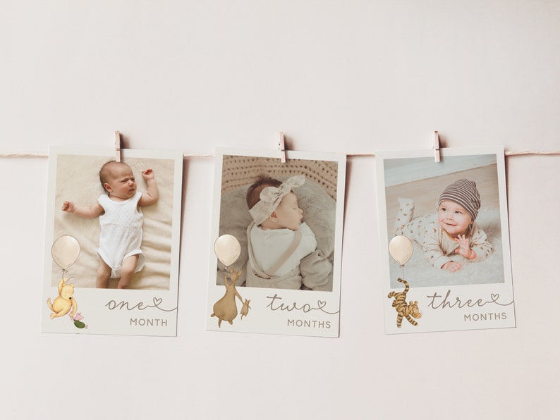 K&ouml;nnte beinhalten: Drei Fotos eines Babys im Alter von einem, zwei und drei Monaten. Jedes Foto ist mit einer W&auml;scheklammer an einer Schnur aufgeh&auml;ngt. Jedes Foto hat einen Ballon und ein Comic-Tier mit der Anzahl der Monate darunter.