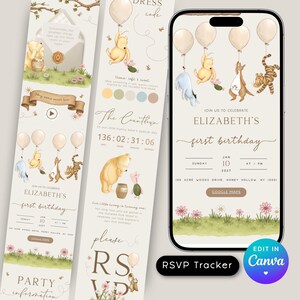 Può includere: Un modello di invito digitale per un primo compleanno con illustrazioni ad acquerello dei personaggi di Winnie the Pooh, palloncini e accenti floreali. Il design include il testo per il primo compleanno di Elizabeth, data, ora, luogo e dettagli RSVP su uno schermo di smartphone e layout verticale.