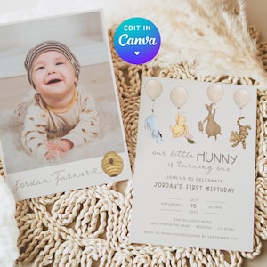 Pooh Neutral 1st Birthday Invite. Classic Winnie the Pooh Evite Birthday Party. One Baby First Birthday Girl OR Boy. Digital Invitation. B2