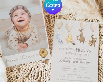 Pooh Neutral 1st Birthday Invite. Classic Winnie the Pooh Evite Birthday Party. One Baby First Birthday Girl OR Boy. Digital Invitation. B2
