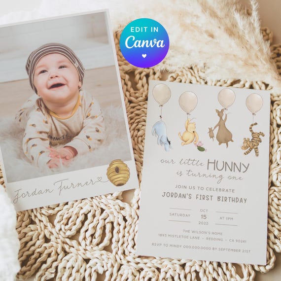 Pooh Neutral 1st Birthday Invite. Classic Winnie the Pooh Evite Birthday Party. One Baby First Birthday Girl OR Boy. Digital Invitation. B2