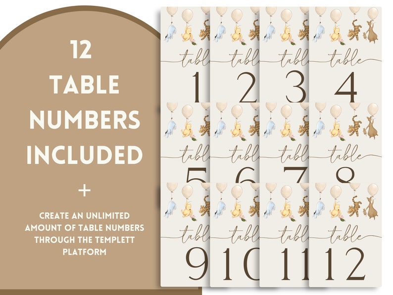 Vintage Winnie the Pooh Table Numbers. Gender Neutral Baby Shower Table Decorations. Boy OR Girl Pooh Bear Balloons Editable Printable N1 B2 image 5