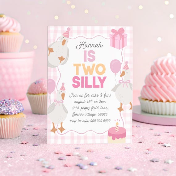 Silly Goose Invitation Two Editable Two Silly Goose Invite Girls 2nd Birthday Pink Gingham Second Party Coquette Bow Theme Canva Template Q2