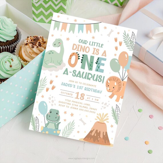 Pastel Dinosaur Birthday Invitation. One Cute Baby Dino 1st Birthday Invite. Printable Greenery Boy Modern Digital Kid First Party Theme. D2