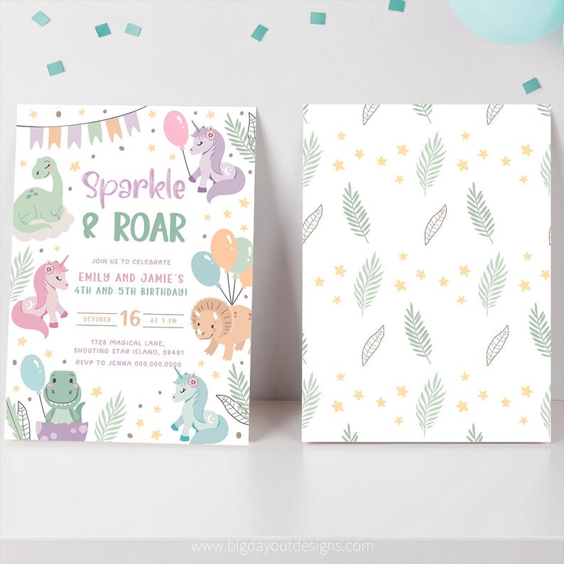 Unicorn and Dinosaur Invitations Sparkle and Roar
