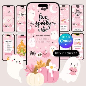 Puede incluir: Una plantilla de invitación digital para una fiesta de cumpleaños en la pantalla de un teléfono inteligente. El fondo rosa presenta fantasmas blancos, calabazas, arañas y telarañas con el texto Five is a spooky vibe y Charlotte's 5th Boo-Day.