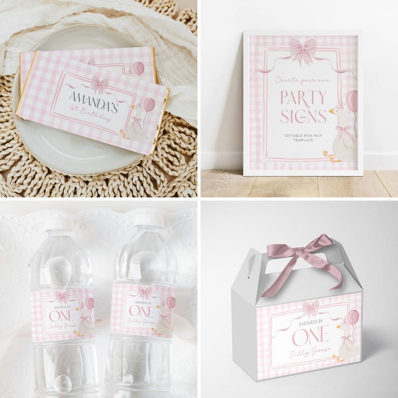 One Silly Goose Birthday Bundle Editable Pink Bow Goose Party Set Girls Coquette Gingham Decor Printable 1 Year Old Birthday Baby Package G7