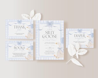 Silly Goose Baby Shower Invitation Bundle Boys Blue Bow Gingham Mother Goose On The Loose Invite Printable Coquette Party Canva Template O3
