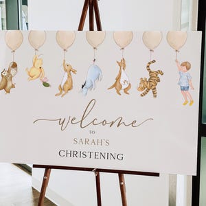 Editable Pooh and Friends Baptism Welcome Sign. Unique Christening Party Decor Gender Neutral. Balloon Boy Girl Bear Printable Template. M1