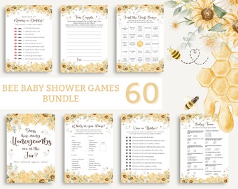 May include: A set of 60 bee-themed baby shower games. The games include "Who Said It: Mommy or Daddy?", "Torte Copsale", "Find the Guest Bingo", "Guess How Many Honeycombs are in the Jar?", "What's on your Page?", "Over or Under?", and "Baby Trivia".