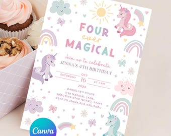 Unicorn 4th Birthday Invitation. Editable Rainbow Template. Magical Party Invite - Instant Download. Girl Pastel Design Four Ever Magical Z4