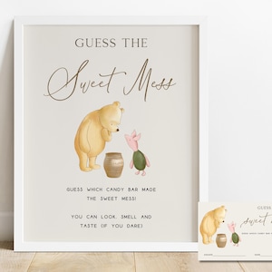 May include: A Winnie the Pooh themed game card for a "Guess the Sweet Mess" party game. The card features Winnie the Pooh and Piglet with a jar of honey. The text on the card reads "Guess the Sweet Mess! Guess which candy bar made the sweet mess! You can look, smell and taste (if you dare)"