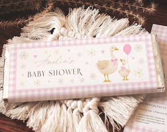 Silly Goose Baby Shower Favors. Pink Gingham Mother Goose Chocolate Wrapper Template, Editable Candy Bar Labels, Custom Girl Party Favour G6