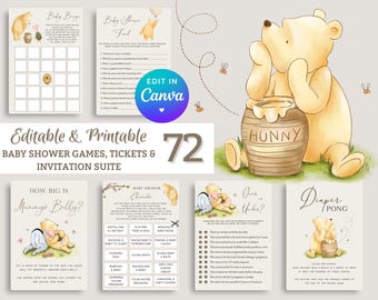 Pacchetto di giochi per baby shower a tema Winnie the Pooh, modificabile e classico. Pacchetto di giochi divertenti e adatti a entrambi i sessi. Set per feste per maschietti e femminucce. Download digitale stampabile N1