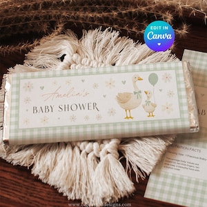 Dumme Gans Schokoladen-Wrapper. Gender Neutral Gingham Mutter Gans Gastgeschenke, Babyparty Vorlage, bearbeitbare Candy Bar Etiketten, benutzerdefinierte Party. G3