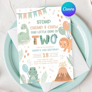 Dinosaur Birthday Invitation Two. Cute Baby Dino 2nd Invite. Printable Pastel Greenery Stomp Chomp & Chew Boy Modern Digital Kids Party. D2