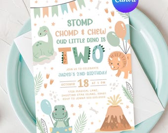 Dinosaur Birthday Invitation Two. Cute Baby Dino 2nd Invite. Printable Pastel Greenery Stomp Chomp & Chew Boy Modern Digital Kids Party. D2