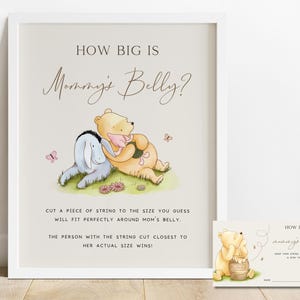 Editable Winnie the Pooh How Big is Mommy&#39;s Belly Game. Mom&#39;s Belly Baby Shower Guessing Party Signs. Game Ticket Digital Printable Canva N1